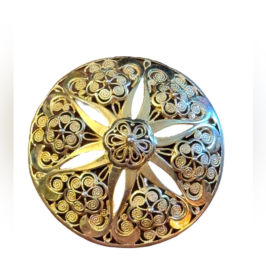 Gold Plate Sterling Silver 925 Germany Filagree Flower Lg Round Domed Brooch